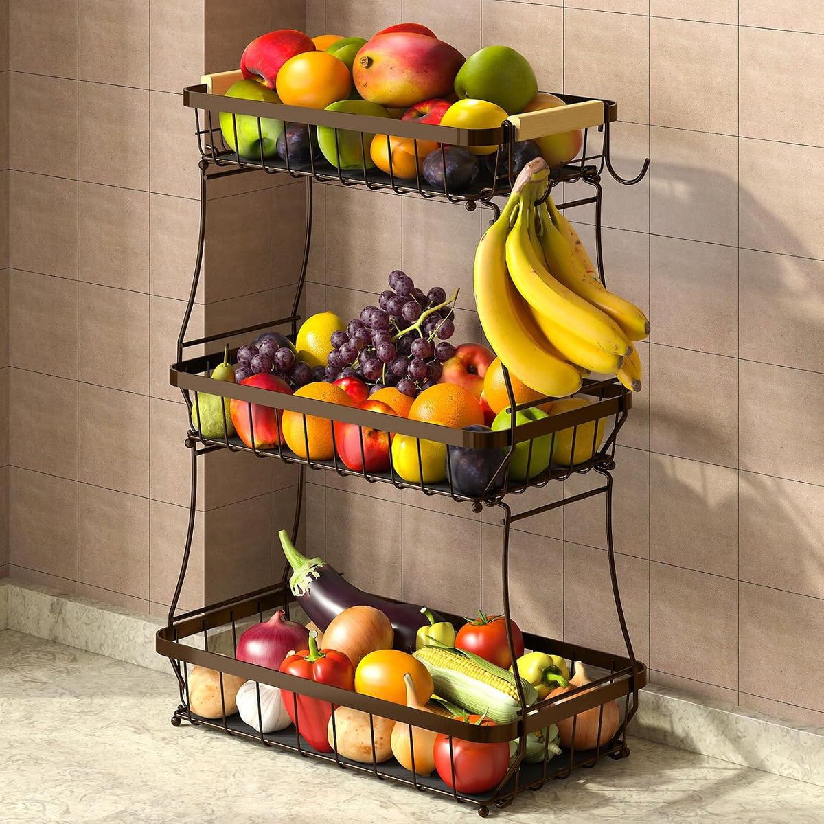 2-Tier Fruit Basket with Banana Hangers, Detachable Metal Bowl | Wooden handle, protective mats included. Versatile holder for bread, snacks, and veggies. Large 2 tier metal design.