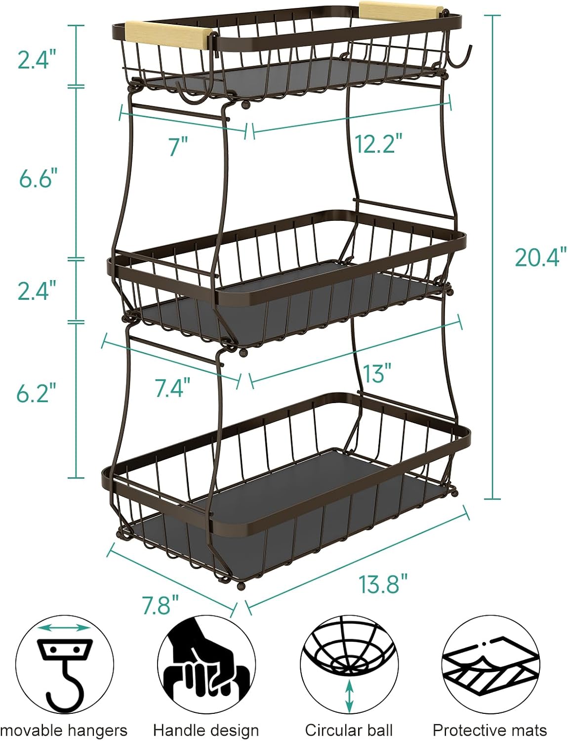 2-Tier Fruit Basket with Banana Hangers, Detachable Metal Bowl | Wooden handle, protective mats included. Versatile holder for bread, snacks, and veggies. Large 2 tier metal design.