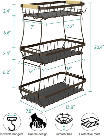 2-Tier Fruit Basket with Banana Hangers, Detachable Metal Bowl | Wooden handle, protective mats included. Versatile holder for bread, snacks, and veggies. Large 2 tier metal design.