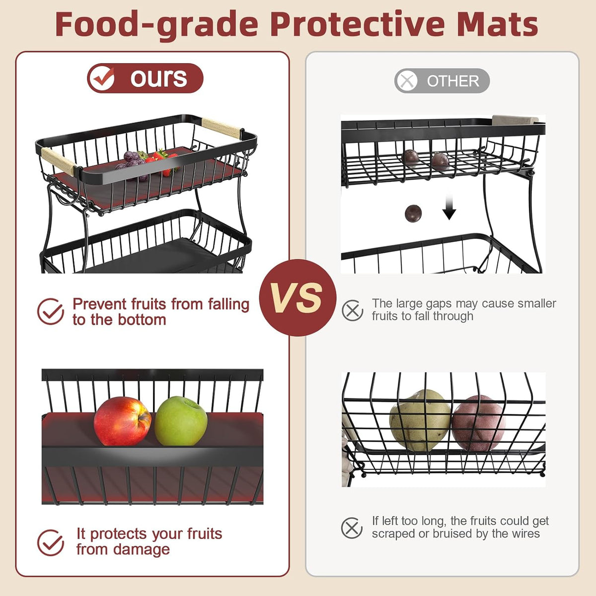2-Tier Fruit Basket with Banana Hangers, Detachable Metal Bowl | Wooden handle, protective mats included. Versatile holder for bread, snacks, and veggies. Large 2 tier metal design.