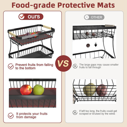2-Tier Fruit Basket with Banana Hangers, Detachable Metal Bowl | Wooden handle, protective mats included. Versatile holder for bread, snacks, and veggies. Large 2 tier metal design.