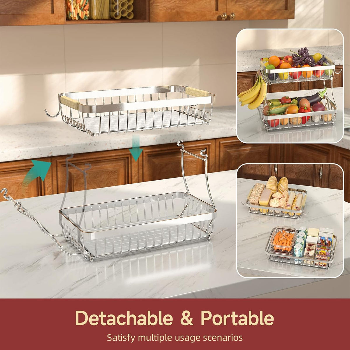 2-Tier Fruit Basket with Banana Hangers, Detachable Metal Bowl | Wooden handle, protective mats included. Versatile holder for bread, snacks, and veggies. Large 2 tier metal design.