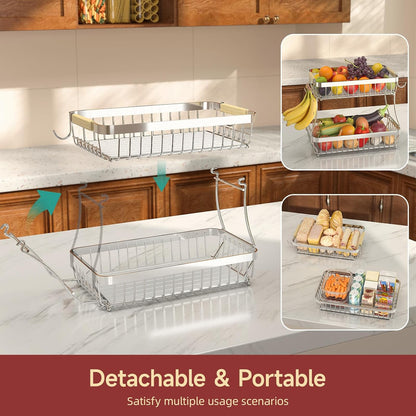2-Tier Fruit Basket with Banana Hangers, Detachable Metal Bowl | Wooden handle, protective mats included. Versatile holder for bread, snacks, and veggies. Large 2 tier metal design.