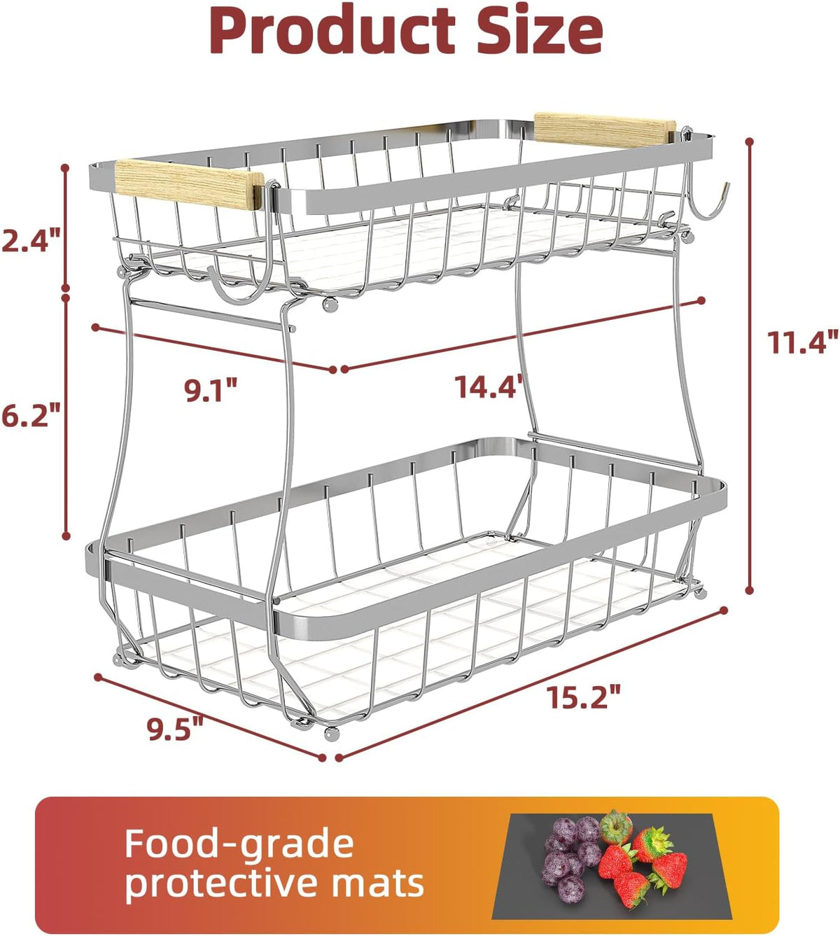 2-Tier Fruit Basket with Banana Hangers, Detachable Metal Bowl | Wooden handle, protective mats included. Versatile holder for bread, snacks, and veggies. Large 2 tier metal design.