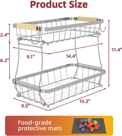 2-Tier Fruit Basket with Banana Hangers, Detachable Metal Bowl | Wooden handle, protective mats included. Versatile holder for bread, snacks, and veggies. Large 2 tier metal design.