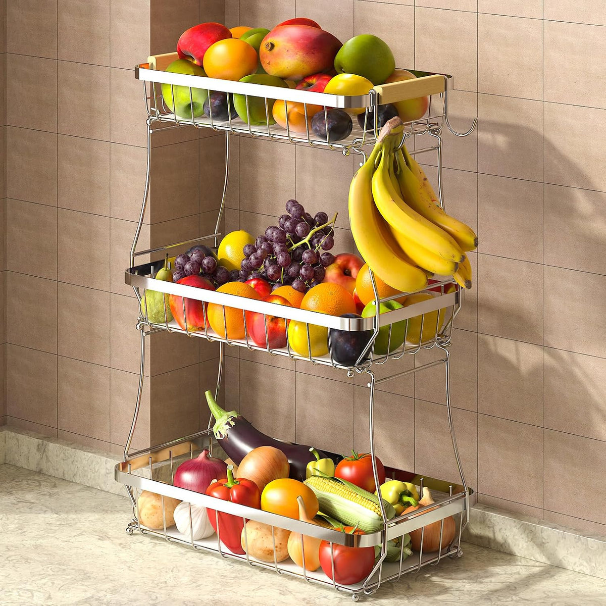 2-Tier Fruit Basket with Banana Hangers, Detachable Metal Bowl | Wooden handle, protective mats included. Versatile holder for bread, snacks, and veggies. Large 2 tier metal design.