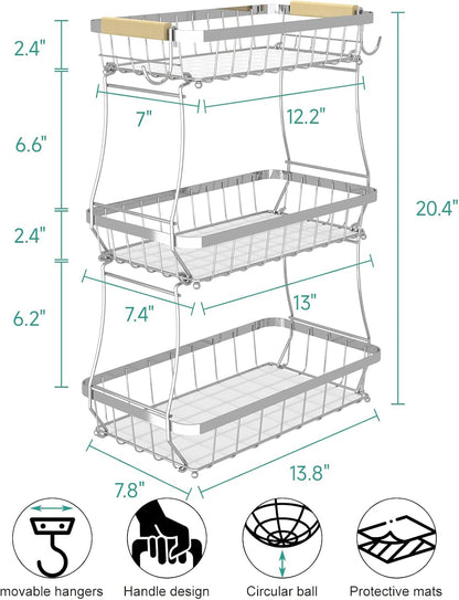2-Tier Fruit Basket with Banana Hangers, Detachable Metal Bowl | Wooden handle, protective mats included. Versatile holder for bread, snacks, and veggies. Large 2 tier metal design.