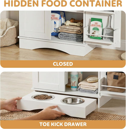 Dog Storage Cabinet with Bowls, Pet Food Storage Cabinet with Adjustable Shelves, Hidden Dog Feeding Station with Hooks, Letter Stickers, Pet Storage Organizer for Cats and Dogs