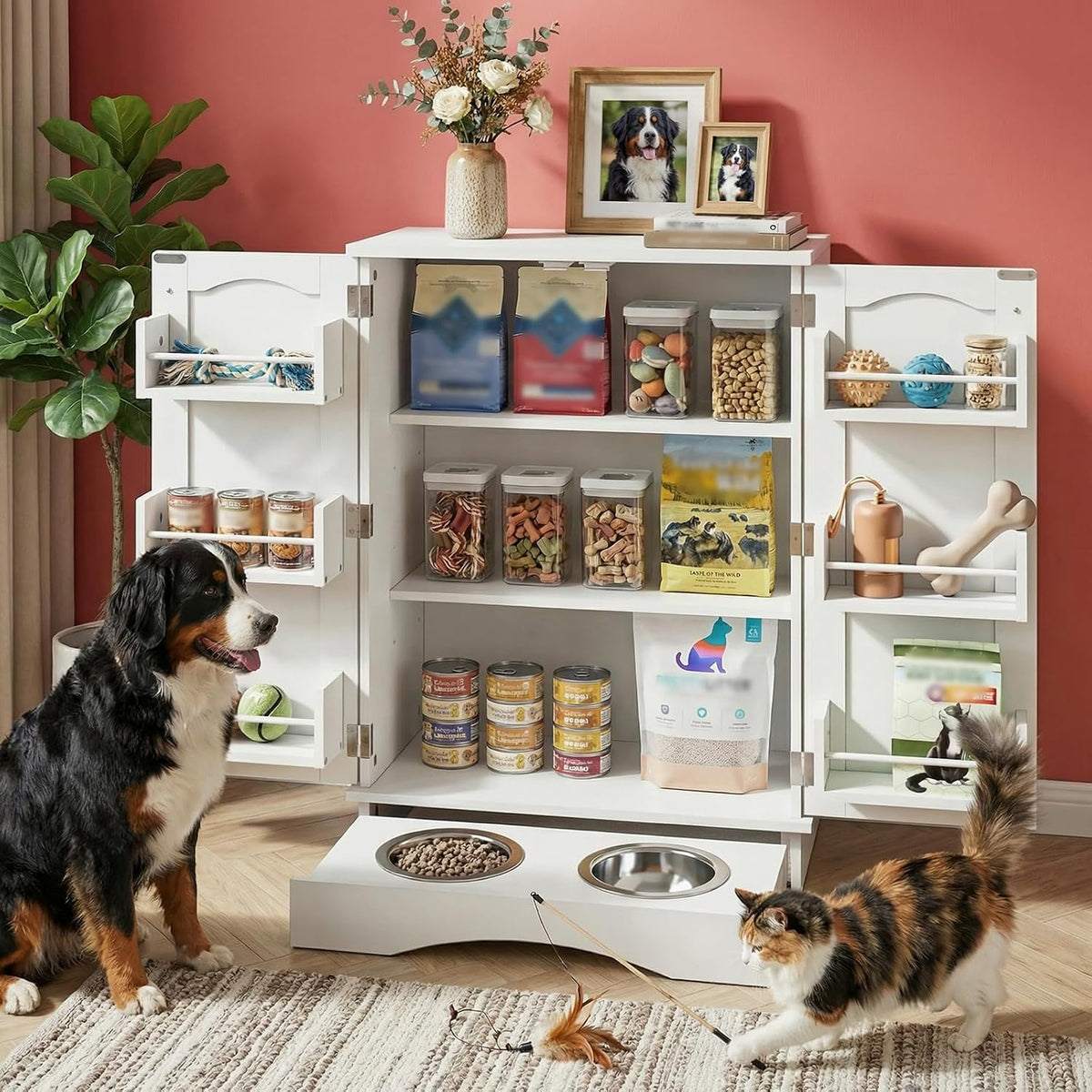 Dog Storage Cabinet with Bowls, Pet Food Storage Cabinet with Adjustable Shelves, Hidden Dog Feeding Station with Hooks, Letter Stickers, Pet Storage Organizer for Cats and Dogs