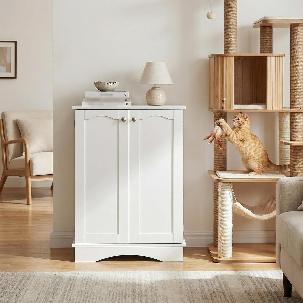 Dog Storage Cabinet with Bowls, Pet Food Storage Cabinet with Adjustable Shelves, Hidden Dog Feeding Station with Hooks, Letter Stickers, Pet Storage Organizer for Cats and Dogs