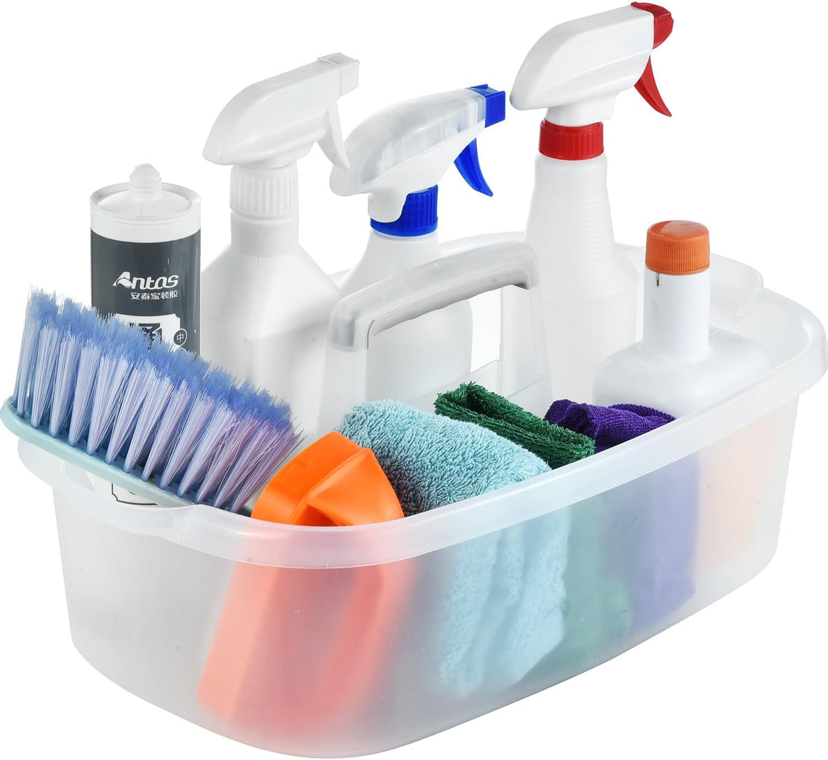 Large Cleaning Caddy with Handle, Cleaning Tool Storage Basket Organizer, Sturdy Pail Bucket Organizer, Household Bucket for Cleaning Supplies - Clear Grey