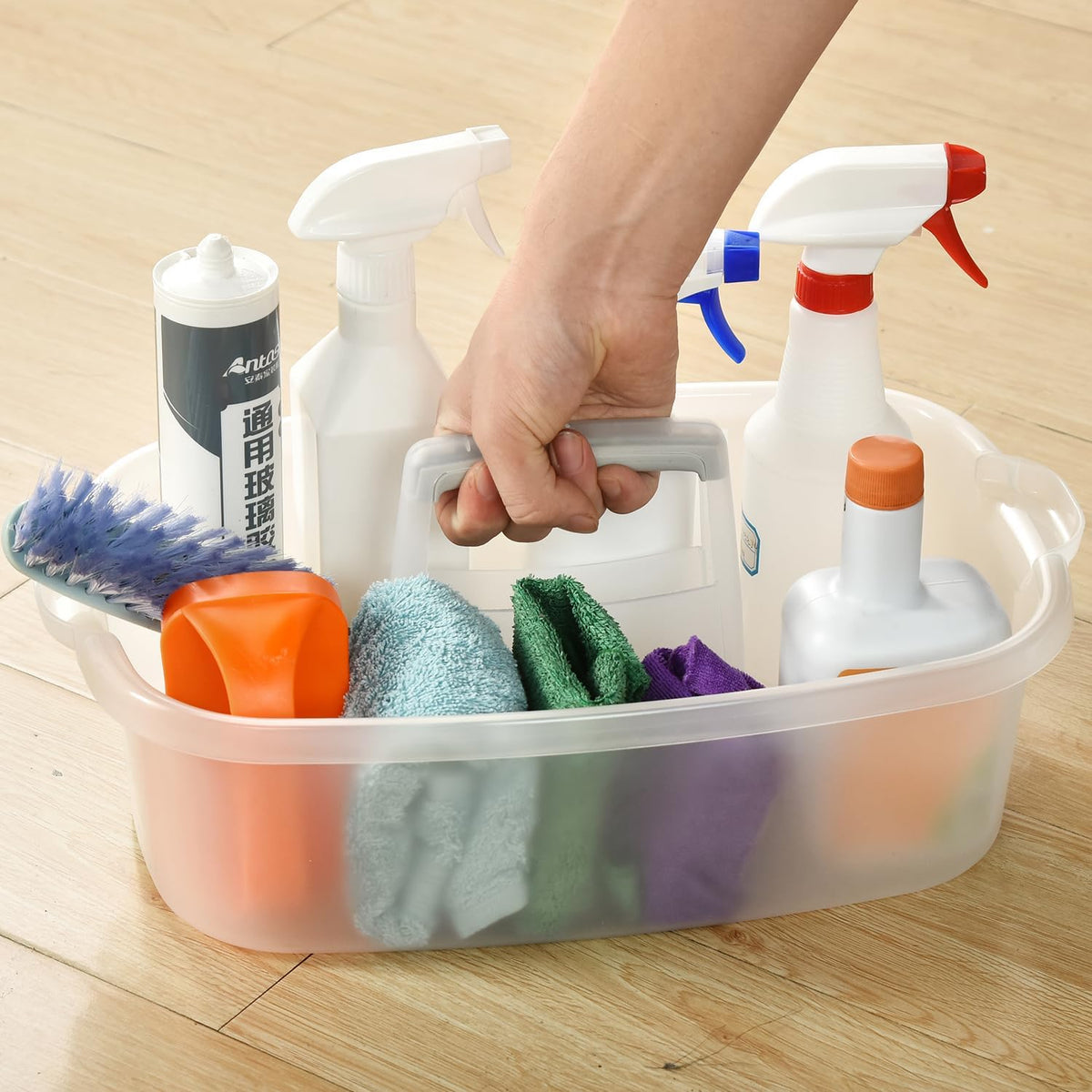 Large Cleaning Caddy with Handle, Cleaning Tool Storage Basket Organizer, Sturdy Pail Bucket Organizer, Household Bucket for Cleaning Supplies - Clear Grey
