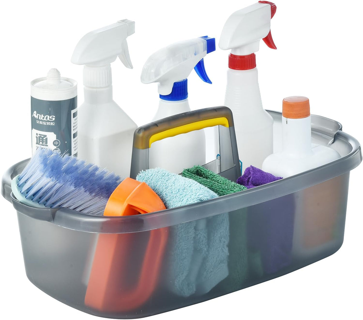 Large Cleaning Caddy with Handle, Cleaning Tool Storage Basket Organizer, Sturdy Pail Bucket Organizer, Household Bucket for Cleaning Supplies - Clear Grey