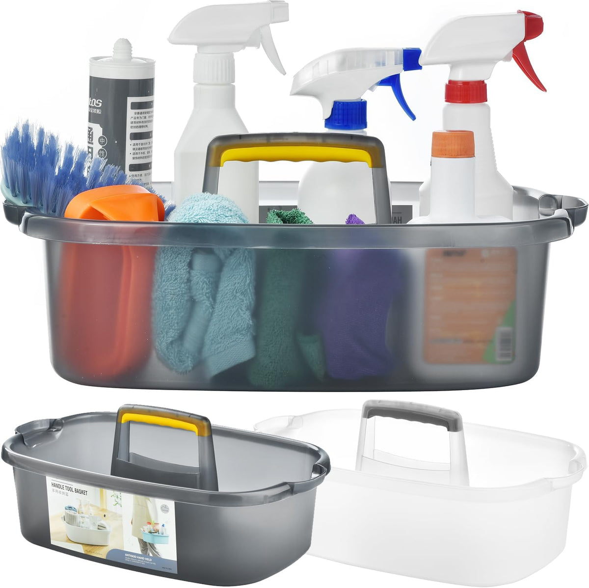 Large Cleaning Caddy with Handle, Cleaning Tool Storage Basket Organizer, Sturdy Pail Bucket Organizer, Household Bucket for Cleaning Supplies - Clear Grey