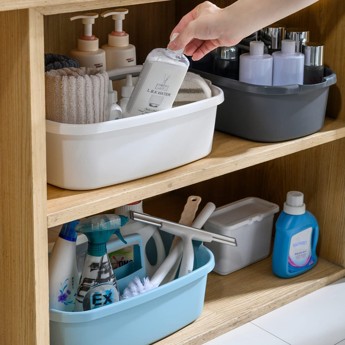 Large Cleaning Caddy with Handle, Cleaning Tool Storage Basket Organizer, Sturdy Pail Bucket Organizer, Household Bucket for Cleaning Supplies - Clear Grey