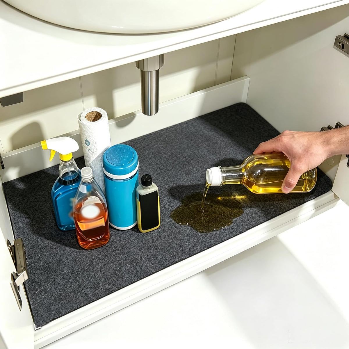 Under The Sink Mat for Cabinet,Drawer,Kitchen Tray Drip,Cabinet Liner,Absorbent Fabric Layer,Anti-Slip Waterproof Layer,Reusable,Washable