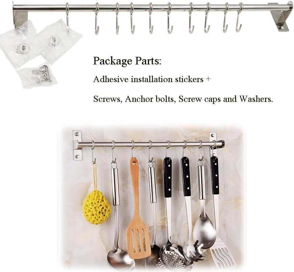 Stainless Steel Kitchen Sliding Rail Hanging Rack, 23.6 Inch Wall Mount Utensil Organizer with 10 Removable S Hooks