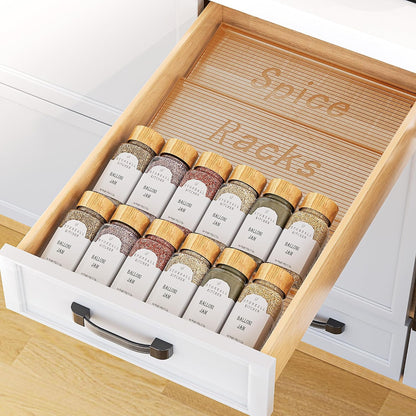 Spice Drawer Organizer, Clear Seasoning Organizer Rack, Expandable From 11" to 22" Wide Kitchen Spice Rack Organizers for Drawer, Countertop (Jars Not Included)