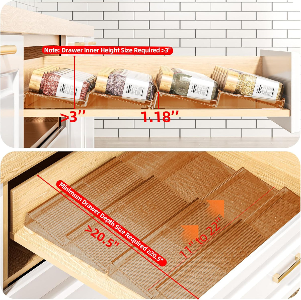 Spice Drawer Organizer, Clear Seasoning Organizer Rack, Expandable From 11" to 22" Wide Kitchen Spice Rack Organizers for Drawer, Countertop (Jars Not Included)