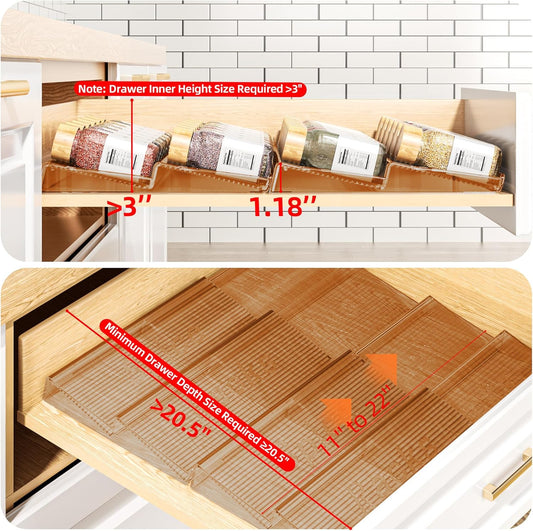 Spice Drawer Organizer, Clear Seasoning Organizer Rack, Expandable From 11" to 22" Wide Kitchen Spice Rack Organizers for Drawer, Countertop (Jars Not Included)