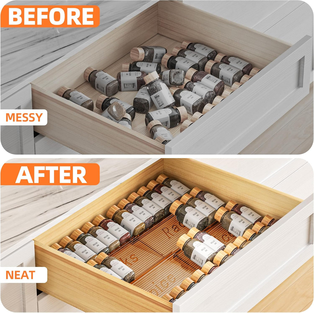Spice Drawer Organizer, Clear Seasoning Organizer Rack, Expandable From 11" to 22" Wide Kitchen Spice Rack Organizers for Drawer, Countertop (Jars Not Included)