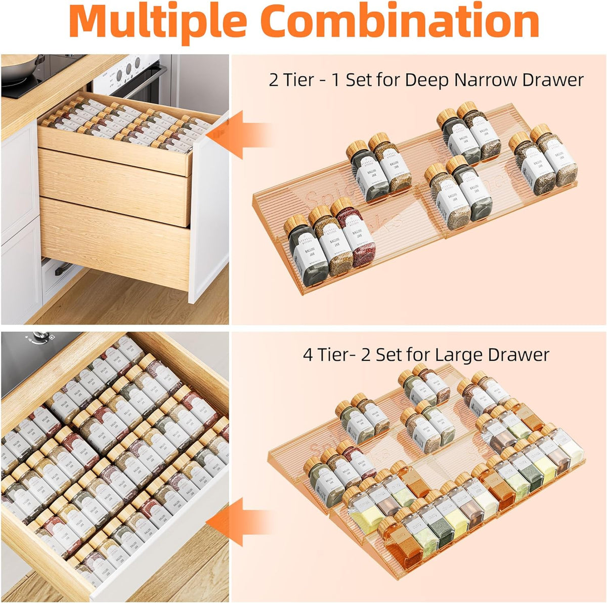 Spice Drawer Organizer, Clear Seasoning Organizer Rack, Expandable From 11" to 22" Wide Kitchen Spice Rack Organizers for Drawer, Countertop (Jars Not Included)