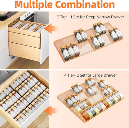Spice Drawer Organizer, Clear Seasoning Organizer Rack, Expandable From 11" to 22" Wide Kitchen Spice Rack Organizers for Drawer, Countertop (Jars Not Included)