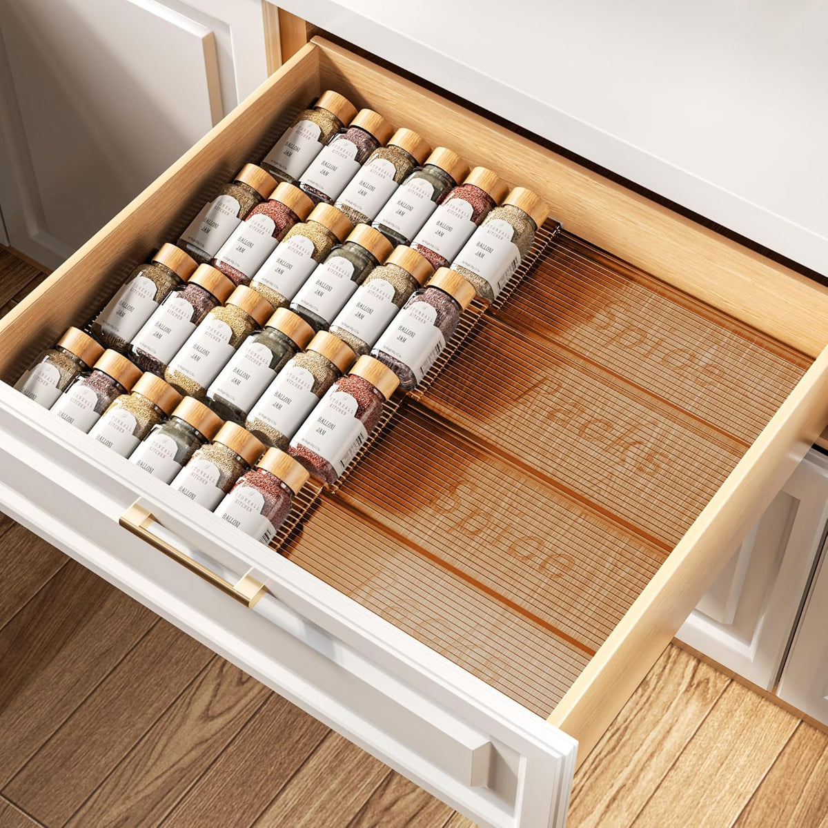 Spice Drawer Organizer, Clear Seasoning Organizer Rack, Expandable From 11" to 22" Wide Kitchen Spice Rack Organizers for Drawer, Countertop (Jars Not Included)