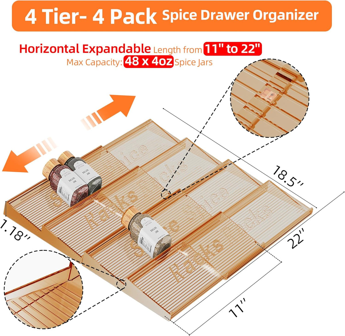 Spice Drawer Organizer, Clear Seasoning Organizer Rack, Expandable From 11" to 22" Wide Kitchen Spice Rack Organizers for Drawer, Countertop (Jars Not Included)