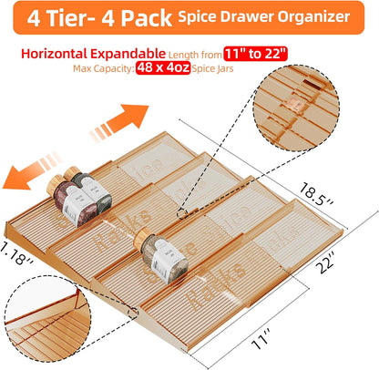 Spice Drawer Organizer, Clear Seasoning Organizer Rack, Expandable From 11" to 22" Wide Kitchen Spice Rack Organizers for Drawer, Countertop (Jars Not Included)
