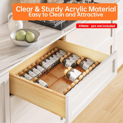 Spice Drawer Organizer, Clear Seasoning Organizer Rack, Expandable From 11" to 22" Wide Kitchen Spice Rack Organizers for Drawer, Countertop (Jars Not Included)