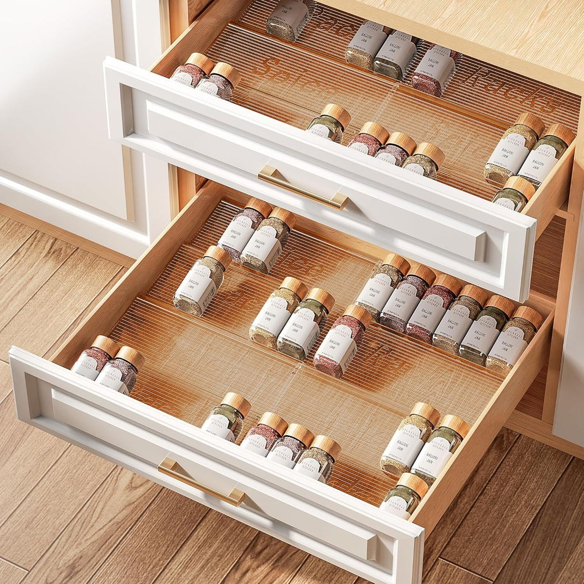 Spice Drawer Organizer, Clear Seasoning Organizer Rack, Expandable From 11" to 22" Wide Kitchen Spice Rack Organizers for Drawer, Countertop (Jars Not Included)