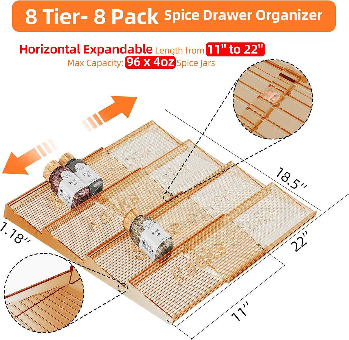 Spice Drawer Organizer, Clear Seasoning Organizer Rack, Expandable From 11" to 22" Wide Kitchen Spice Rack Organizers for Drawer, Countertop (Jars Not Included)