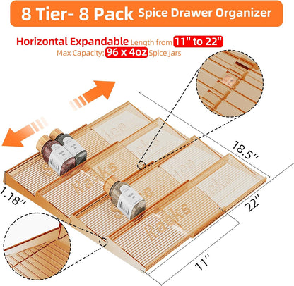 Spice Drawer Organizer, Clear Seasoning Organizer Rack, Expandable From 11" to 22" Wide Kitchen Spice Rack Organizers for Drawer, Countertop (Jars Not Included)