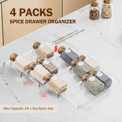 Spice Drawer Organizer, Clear Seasoning Organizer Rack, Expandable From 11" to 22" Wide Kitchen Spice Rack Organizers for Drawer, Countertop (Jars Not Included)