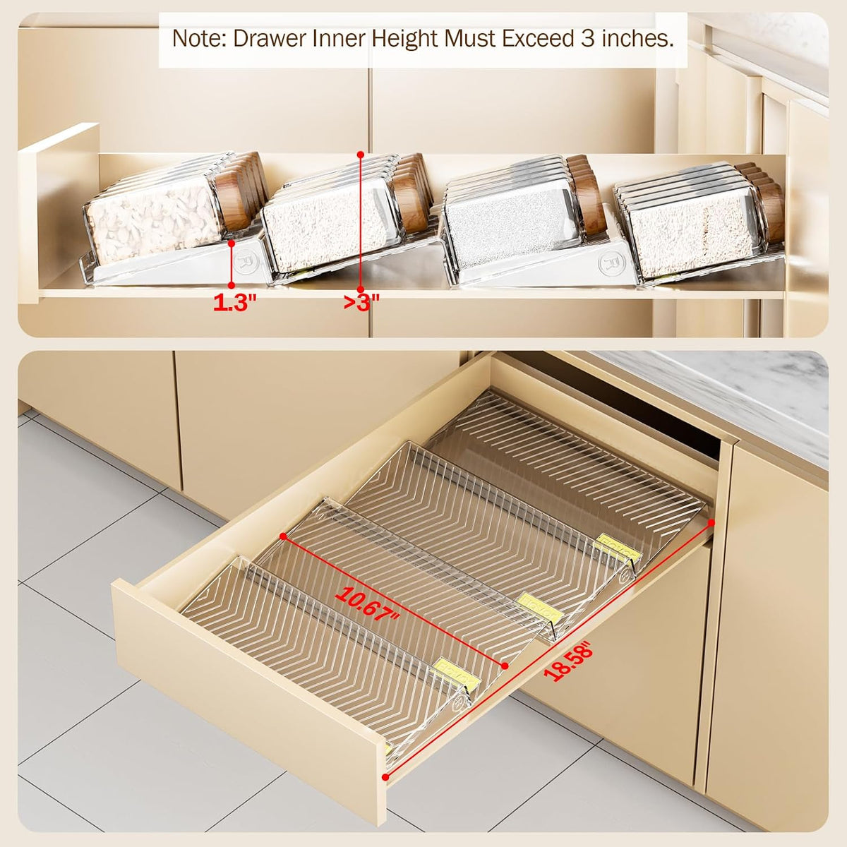 Spice Drawer Organizer, Clear Seasoning Organizer Rack, Expandable From 11" to 22" Wide Kitchen Spice Rack Organizers for Drawer, Countertop (Jars Not Included)