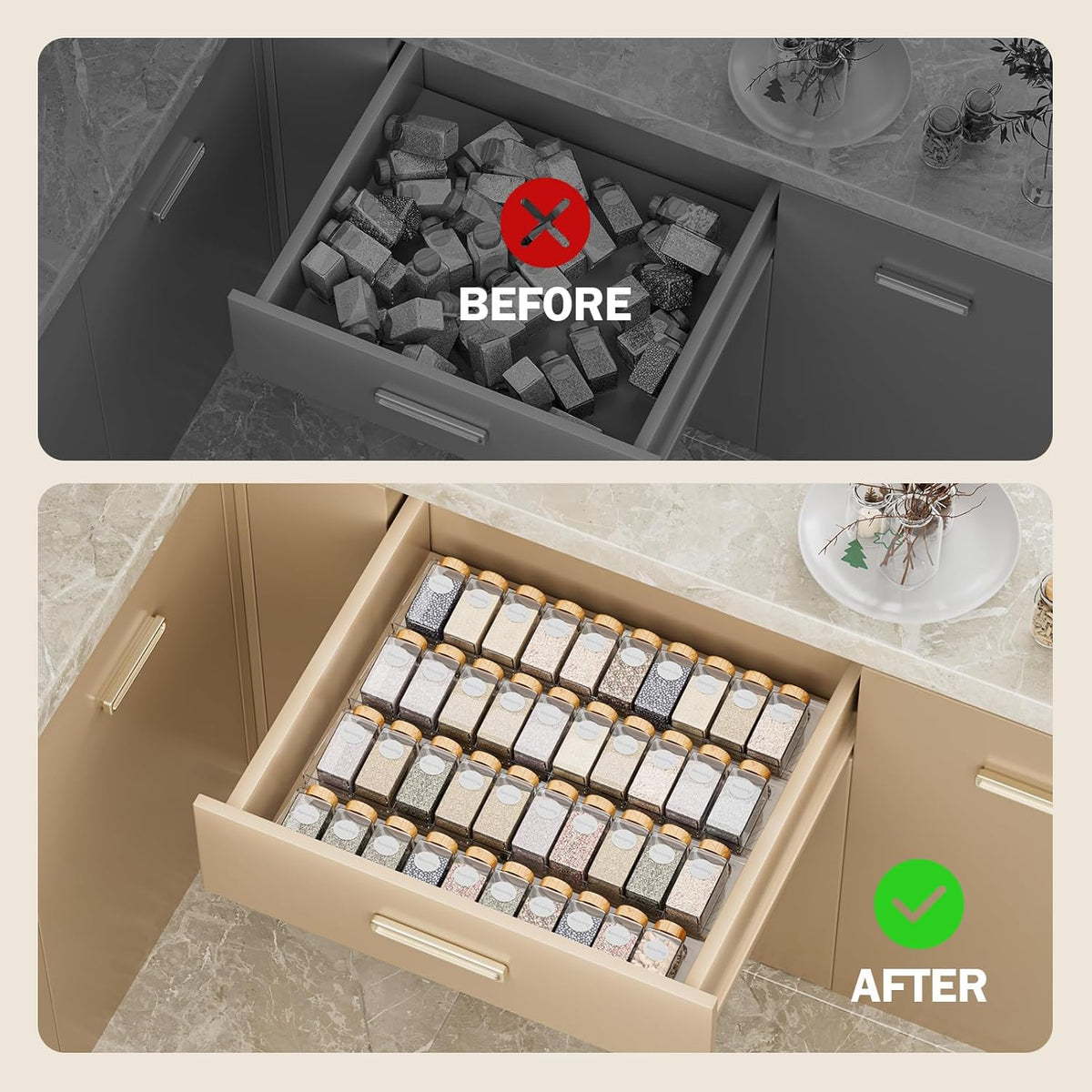 Spice Drawer Organizer, Clear Seasoning Organizer Rack, Expandable From 11" to 22" Wide Kitchen Spice Rack Organizers for Drawer, Countertop (Jars Not Included)