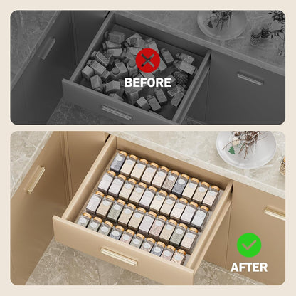 Spice Drawer Organizer, Clear Seasoning Organizer Rack, Expandable From 11" to 22" Wide Kitchen Spice Rack Organizers for Drawer, Countertop (Jars Not Included)
