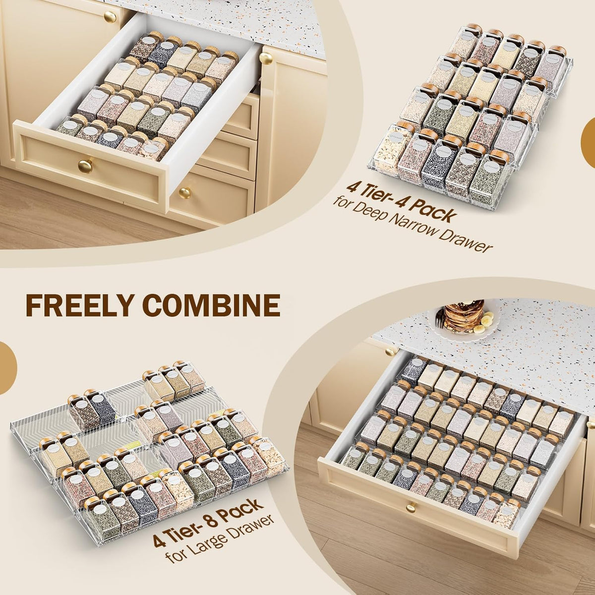 Spice Drawer Organizer, Clear Seasoning Organizer Rack, Expandable From 11" to 22" Wide Kitchen Spice Rack Organizers for Drawer, Countertop (Jars Not Included)