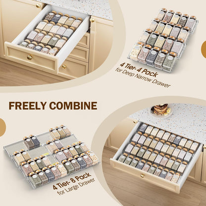 Spice Drawer Organizer, Clear Seasoning Organizer Rack, Expandable From 11" to 22" Wide Kitchen Spice Rack Organizers for Drawer, Countertop (Jars Not Included)