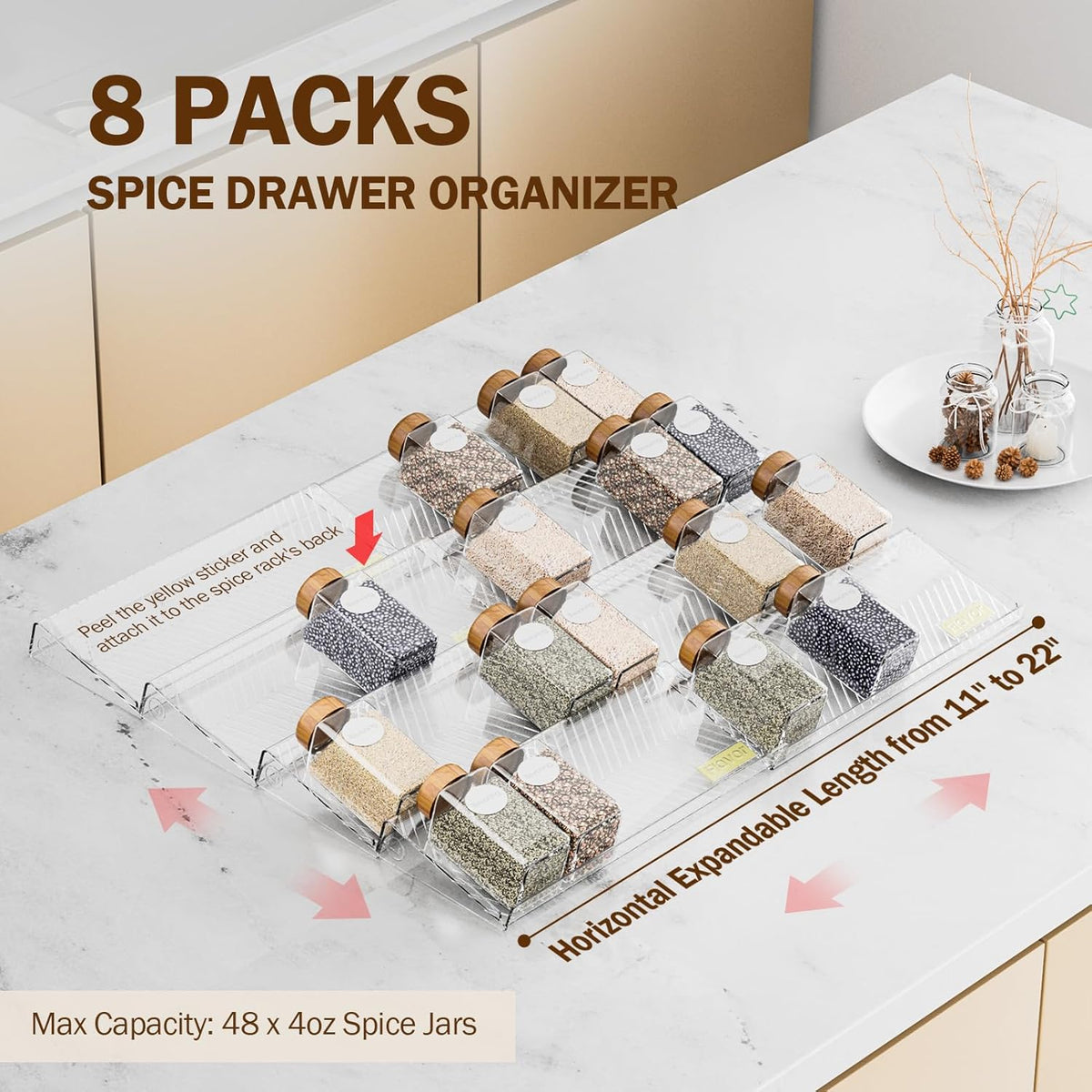 Spice Drawer Organizer, Clear Seasoning Organizer Rack, Expandable From 11" to 22" Wide Kitchen Spice Rack Organizers for Drawer, Countertop (Jars Not Included)