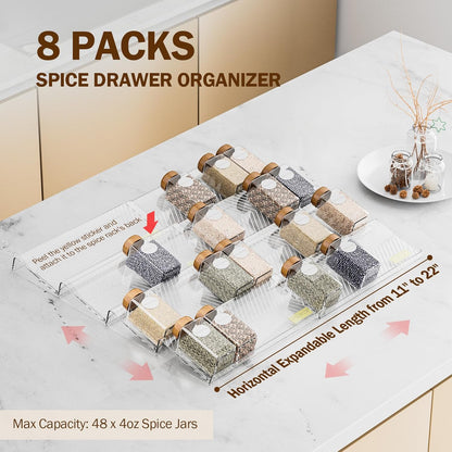 Spice Drawer Organizer, Clear Seasoning Organizer Rack, Expandable From 11" to 22" Wide Kitchen Spice Rack Organizers for Drawer, Countertop (Jars Not Included)