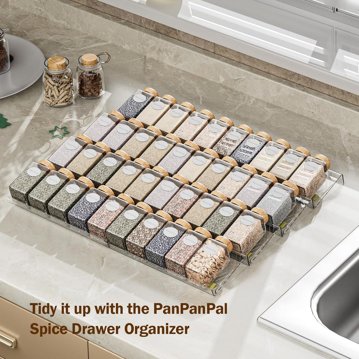 Spice Drawer Organizer, Clear Seasoning Organizer Rack, Expandable From 11" to 22" Wide Kitchen Spice Rack Organizers for Drawer, Countertop (Jars Not Included)