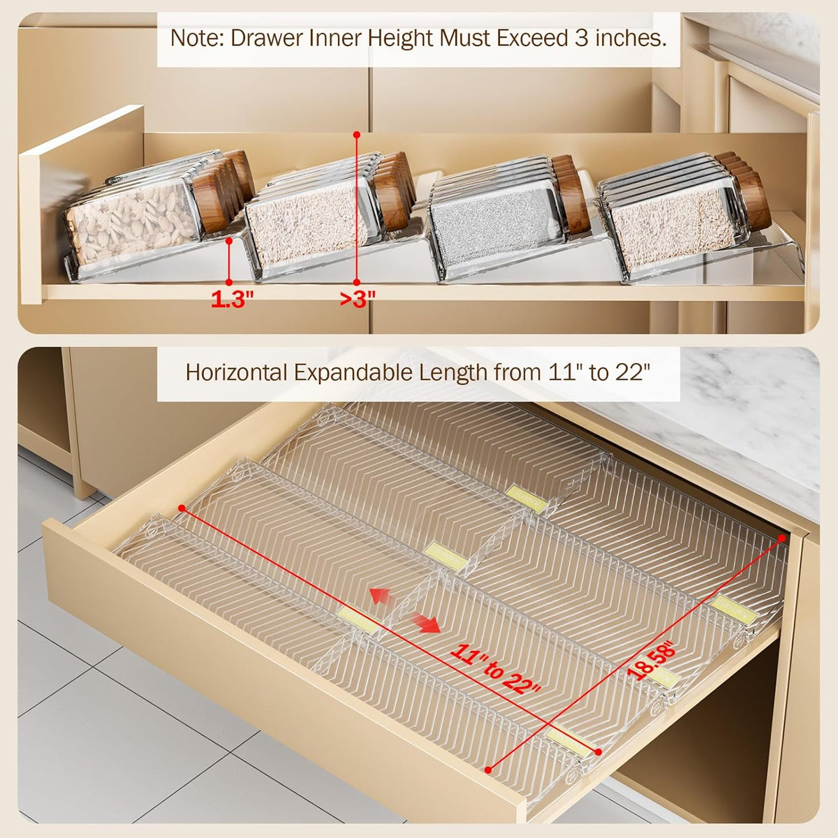 Spice Drawer Organizer, Clear Seasoning Organizer Rack, Expandable From 11" to 22" Wide Kitchen Spice Rack Organizers for Drawer, Countertop (Jars Not Included)