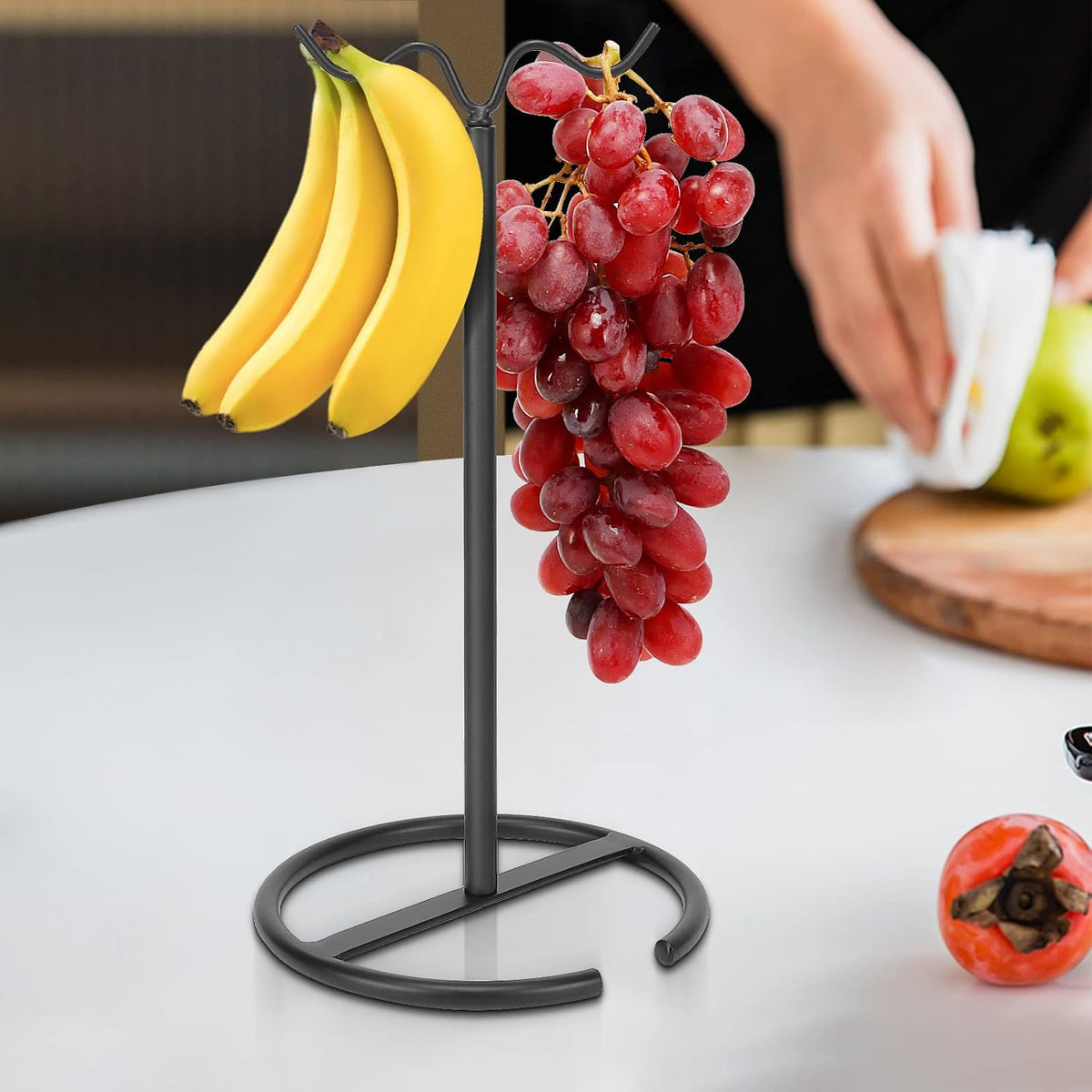 Double Hooks Standing Banana Holder, Banana Hanger Tree Stand Hook for Kitchen Countertop, Sturdy and Balanced Fruit Shelves with Storage on Both Sides.(Black)