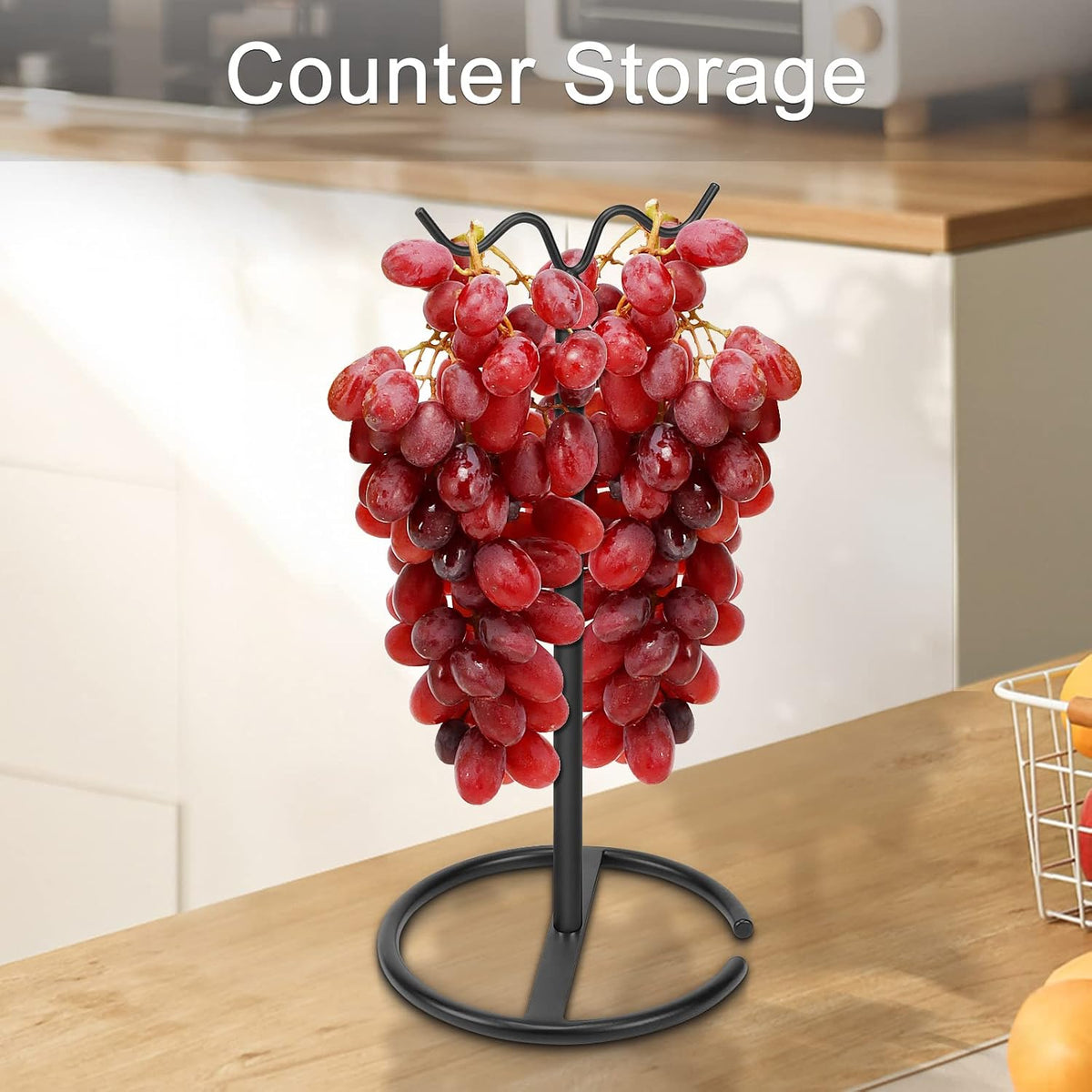 Double Hooks Standing Banana Holder, Banana Hanger Tree Stand Hook for Kitchen Countertop, Sturdy and Balanced Fruit Shelves with Storage on Both Sides.(Black)