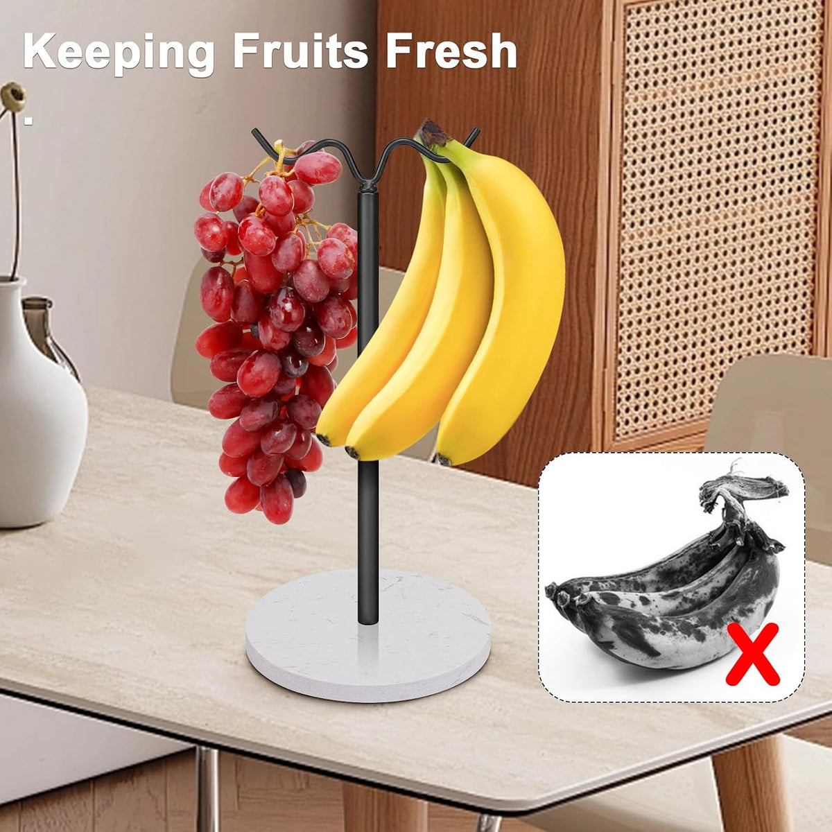 Double Hooks Standing Banana Holder, Banana Hanger Tree Stand Hook for Kitchen Countertop, Sturdy and Balanced Fruit Shelves with Storage on Both Sides.(Black)