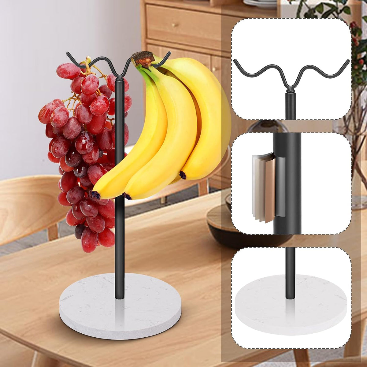 Double Hooks Standing Banana Holder, Banana Hanger Tree Stand Hook for Kitchen Countertop, Sturdy and Balanced Fruit Shelves with Storage on Both Sides.(Black)