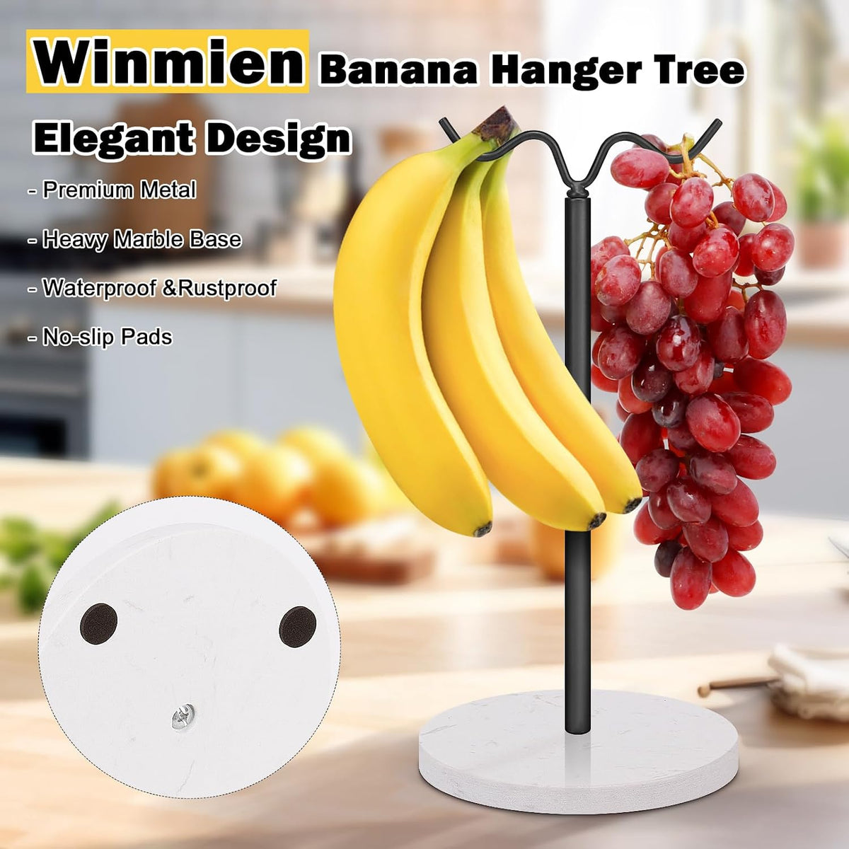 Double Hooks Standing Banana Holder, Banana Hanger Tree Stand Hook for Kitchen Countertop, Sturdy and Balanced Fruit Shelves with Storage on Both Sides.(Black)