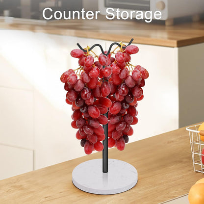 Double Hooks Standing Banana Holder, Banana Hanger Tree Stand Hook for Kitchen Countertop, Sturdy and Balanced Fruit Shelves with Storage on Both Sides.(Black)